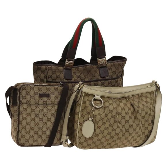 GUCCI GG Canvas Web Sherry Line Bag 3Set Beige Auth 127135 - Picture 1 of 16